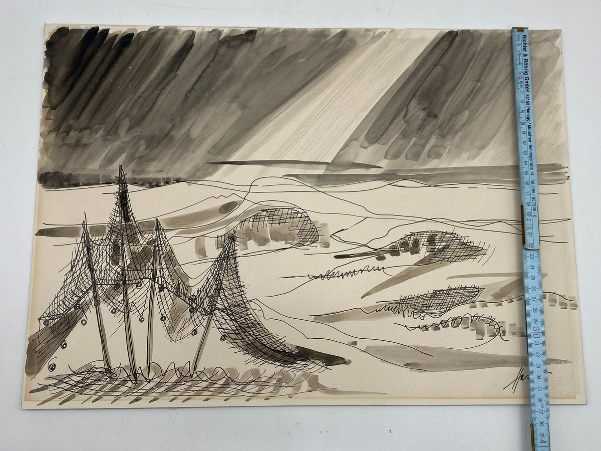 *TUSCHE AQUARELL HEINRICH HEUSER 1887-1967 FISCHERNETZE AM STRAND ZEICHNUNG