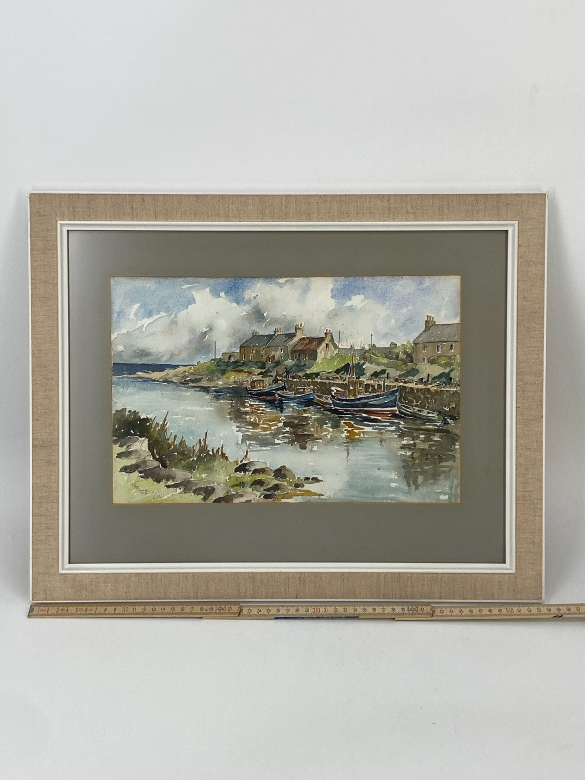 * GEMÄLDE HAFEN AQUARELL R. M. LAMING SIGNIERT FISCHER BOOTE MEER VINTAGE