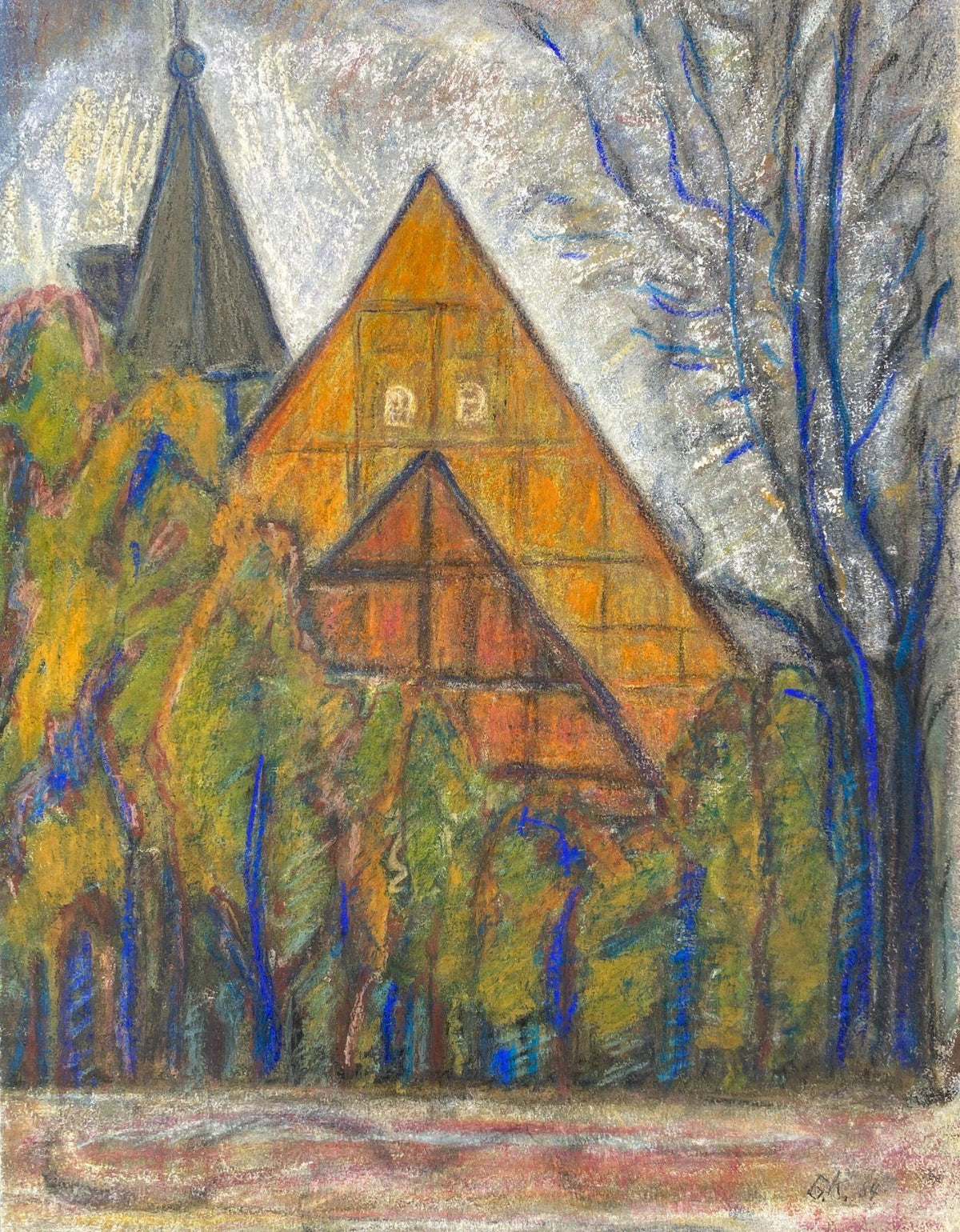 *PASTELLGEMÄLDE GEBÄUDEANSICHT KIRCHENGEBÄUDE GK 1984 SIGN UNIKAT