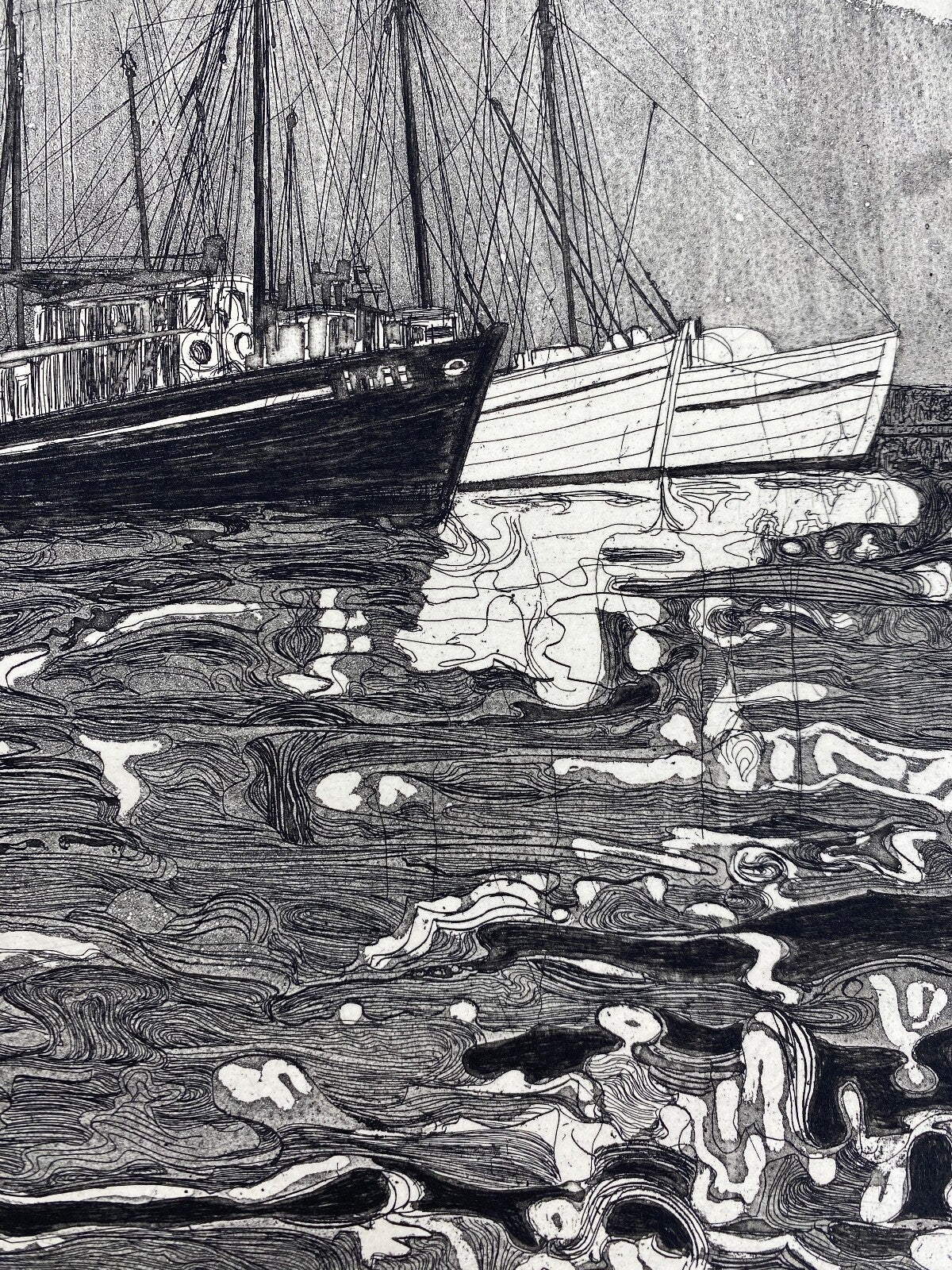 * HERBERT GRUNWALDT 1965 RADIERUNG ORIGINAL FISCHERBOOTE HAFEN SIGNIERT