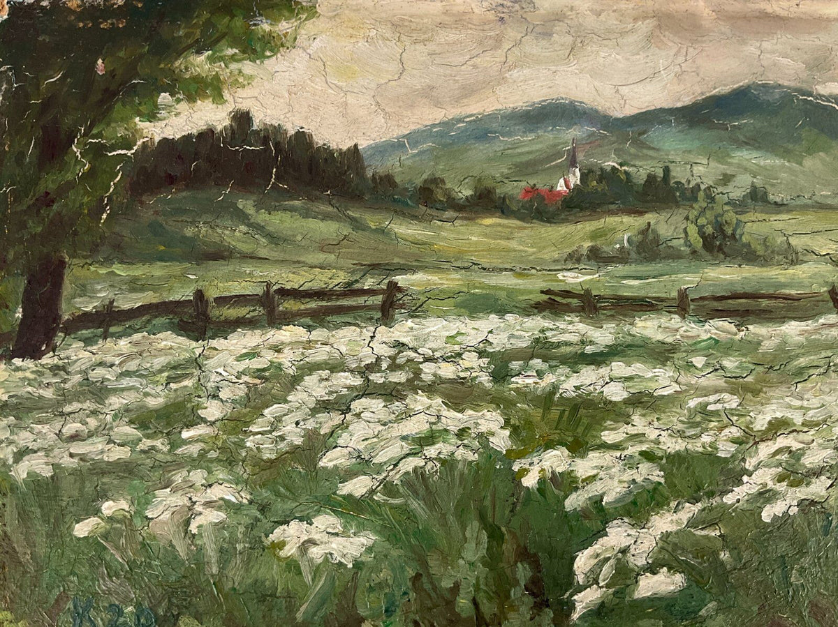 *ÖLGEMÄLDE K 1920 LANDSCHAFT BLÜHENDE PFLANZEN KIRCHE FELD