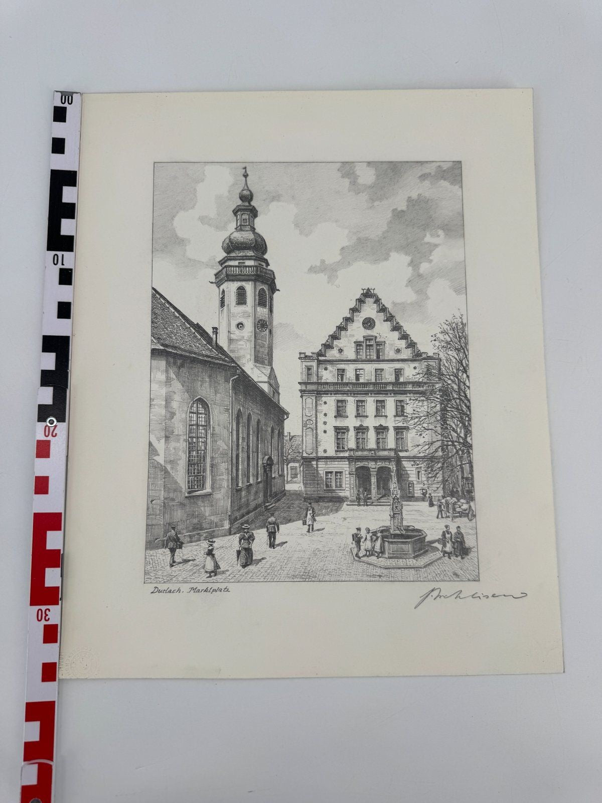 * HEINZ WEHLISCH ZEICHNUNG DURLACH MARKTPLATZ SIGNIERT