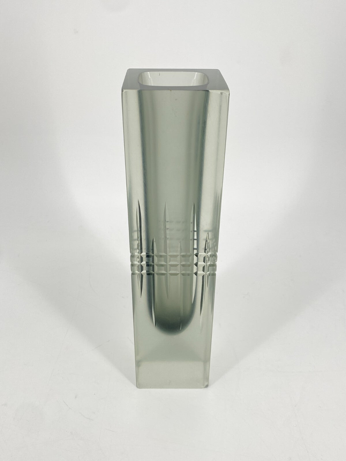 * GLAS VASE BLOCKVASE GRAU TRANSPARENT SATINIERT ÜBERFANGGLAS VINTAGE