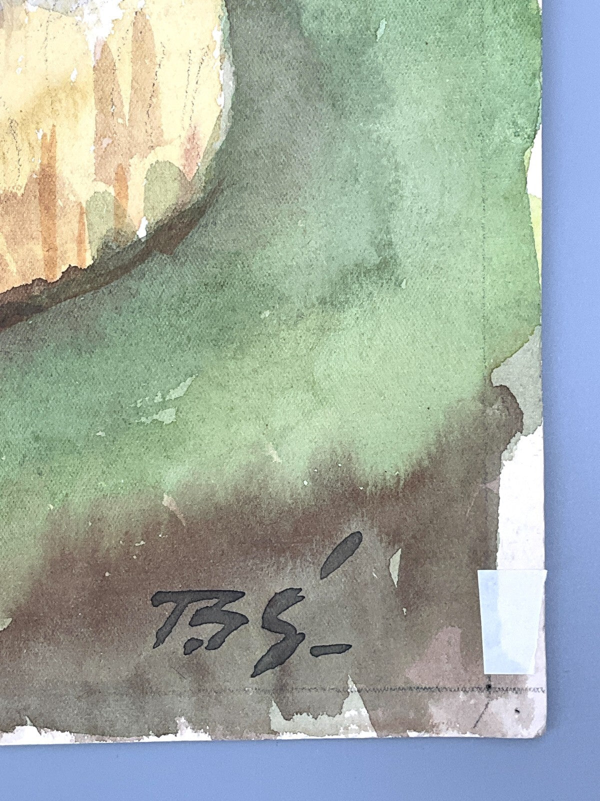 *GEMÄLDE TEICH MIT HÄUSER ZWEISEITIG BERG AQUARELL SIGNIERT PASTELLFARBE UNIKAT