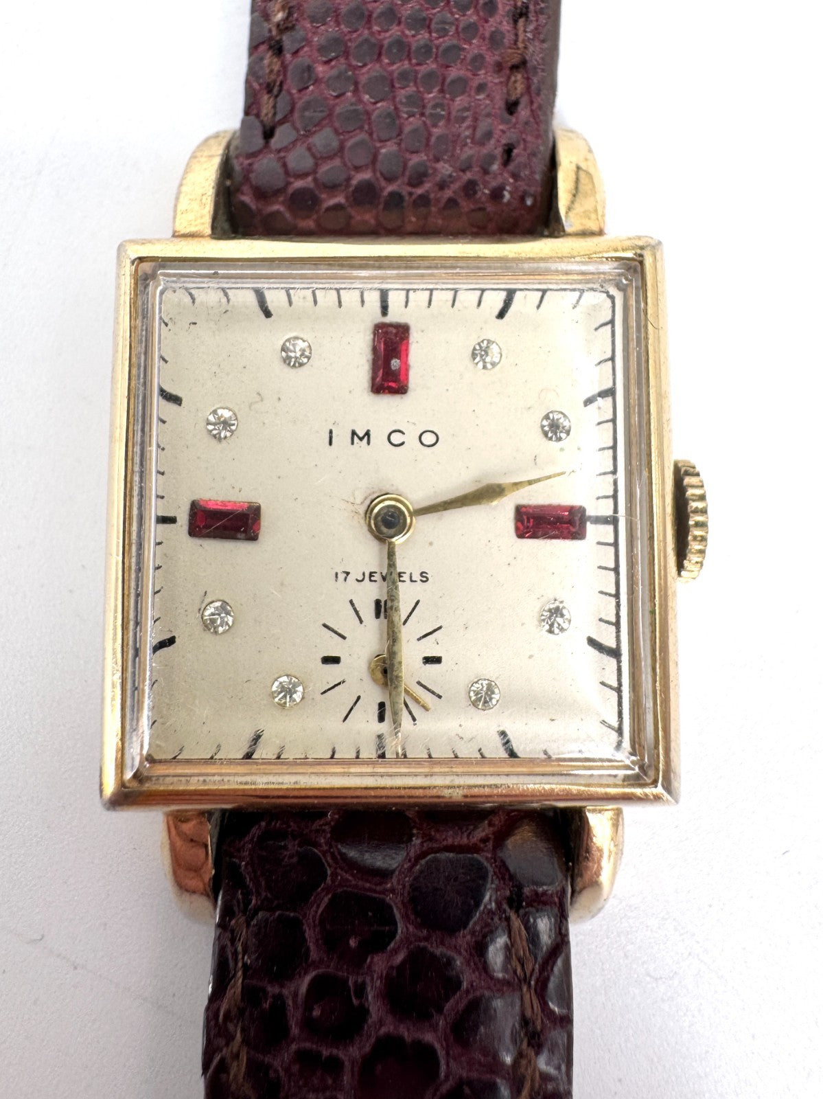 SEHR SELTENE IMCO ARMBANDUHR HANDAUFZUG 17 JEWELS QUADRAT LEDERARMBAND