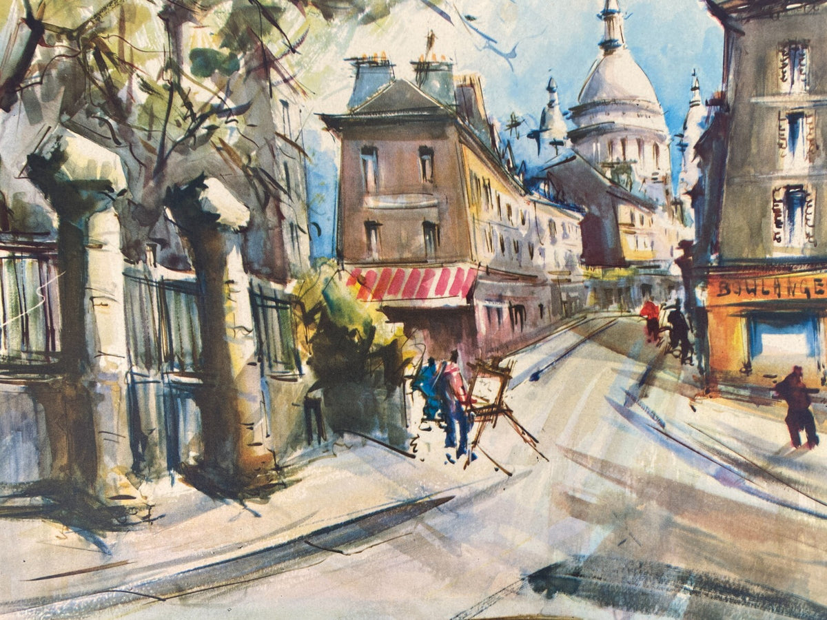 *KUNSTDRUCK AQUARELL MARIUS GIRARD PARIS RUE NORVINS ET LE SACRE-COEUR VINTAGE