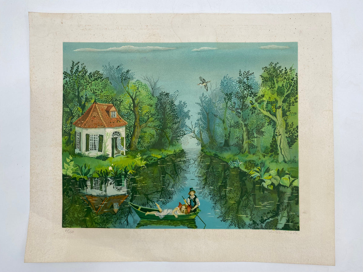 * LITHOGRAFIE KATRIN MACK NAIVE MALEREI DRUCK LIEBESPAAR NATUR BOOT