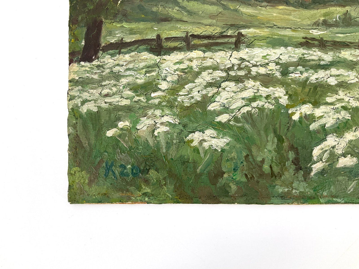 *ÖLGEMÄLDE K 1920 LANDSCHAFT BLÜHENDE PFLANZEN KIRCHE FELD