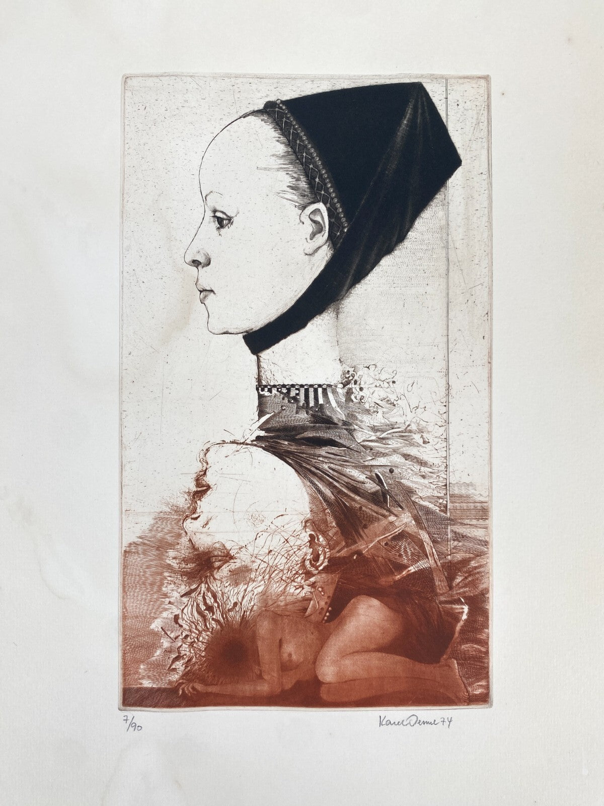 *RADIERUNG KAREL DEMEL LOUISE LABÉ PORTRÄT SIGNIERT 1974 7/90 VINTAGE FARBIG
