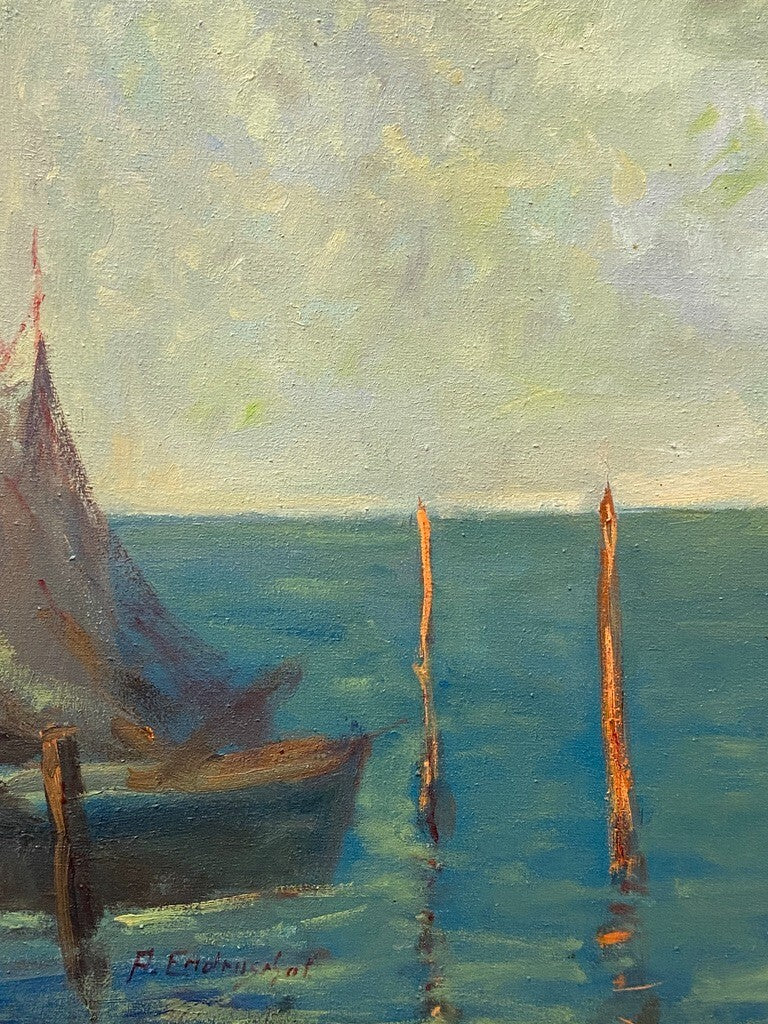 * ÖLGEMÄLDE GEMÄLDE AUGUST ENDRUSCHAT SEGELBOOT HAFEN MEER VINTAGE SIGNIERT