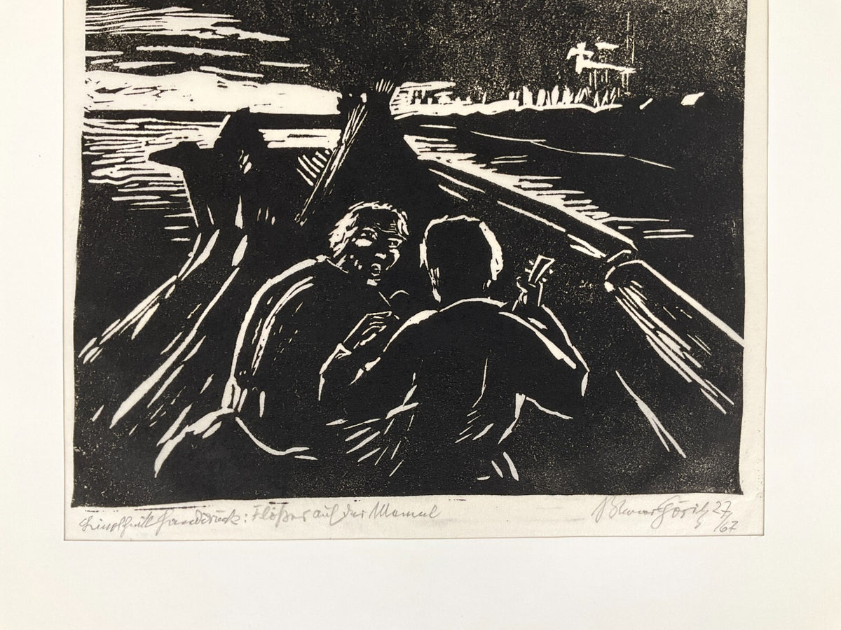 *LINOLSCHNITT WERNER GÖRITZ FLÖßER AUF DER MEMEL HANDSIGNIERT 1927/1967 ORIGINAL