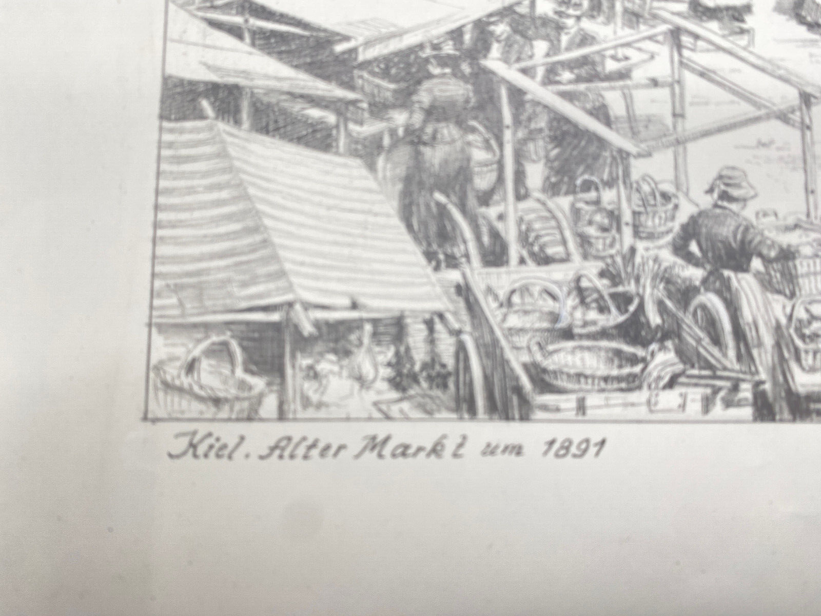 HEINZ WEHLISCH  ZEICHNUNG KIEL ALTER MARKT 1891 ORIGINAL HANDSIGNIERT