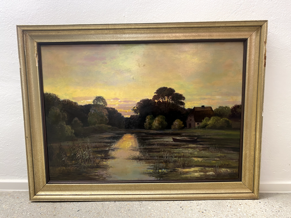 * ALBERT BLAETTER ABENDSTIMMUNG ÖLGEMÄLDE 30er FLUSS MOOR BOOT