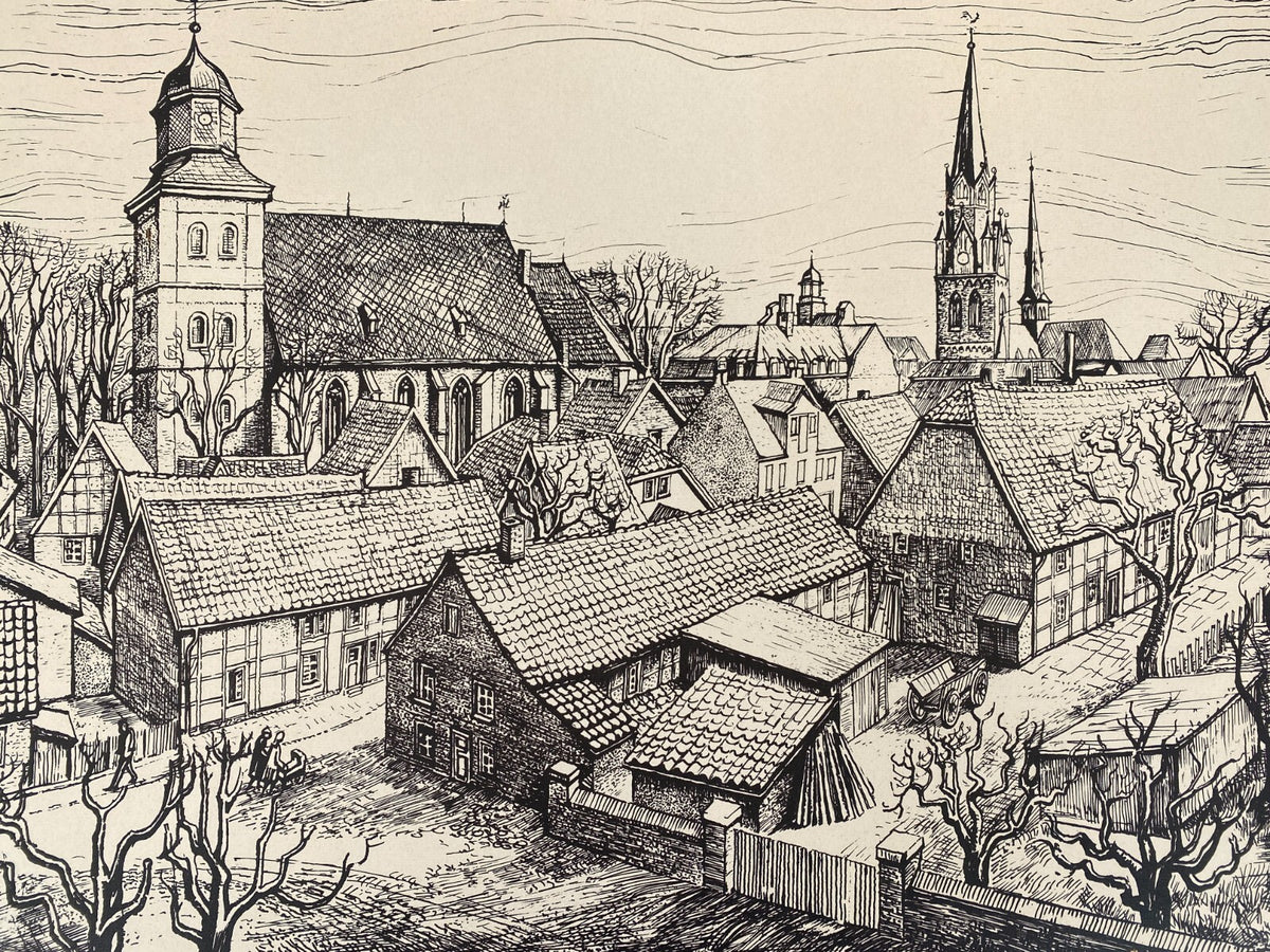 *HERMANN SCHWEIZER GRAFIK SIEBDRUCK STADTANSICHT AHLEN 1954-1976 SIGNIERT ORIGIN