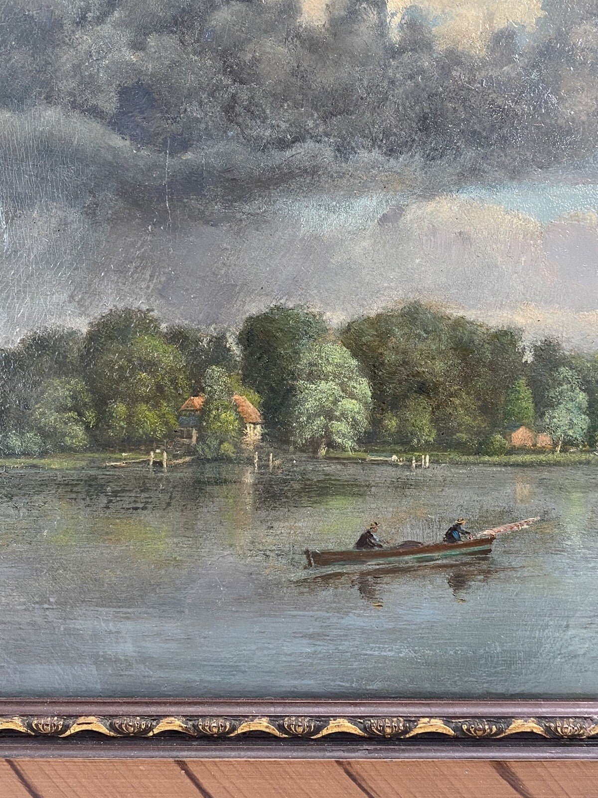 * ÖLGEMÄLDE BILD ÖL INSEL BOOT WETTER WOLKEN ANSICHT ANTIK 1909