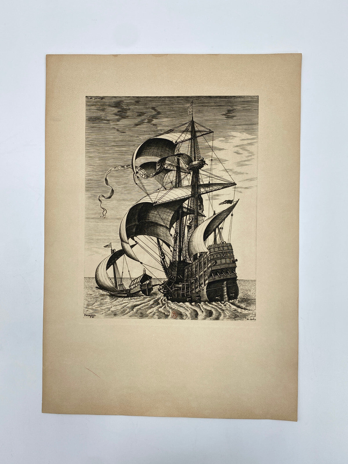 * SCHIFF KUNSTDRUCK PRINT LITHOGRAFIE PIERRE BRUEGEL KOGGE 1565 DRUCK 1965 PARIS