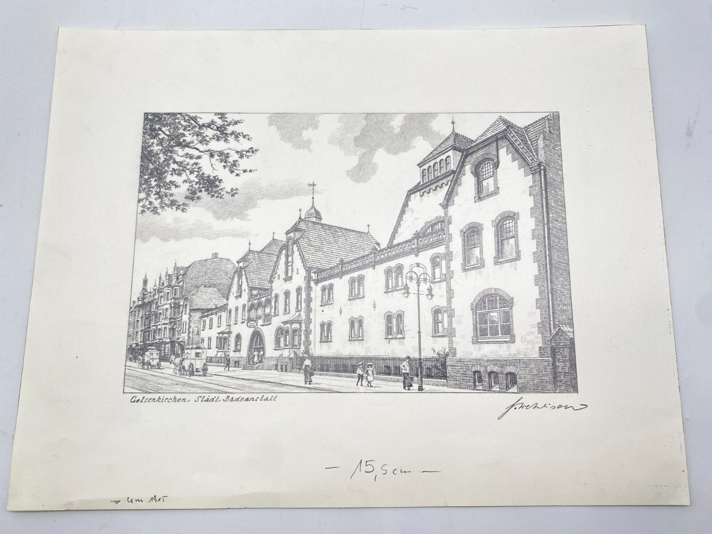 HEINZ WEHLISCH ZEICHNUNG GELSENKIRCHEN STÄDTISCHE BADEANSTALT 1915 HANDSIGNIERT