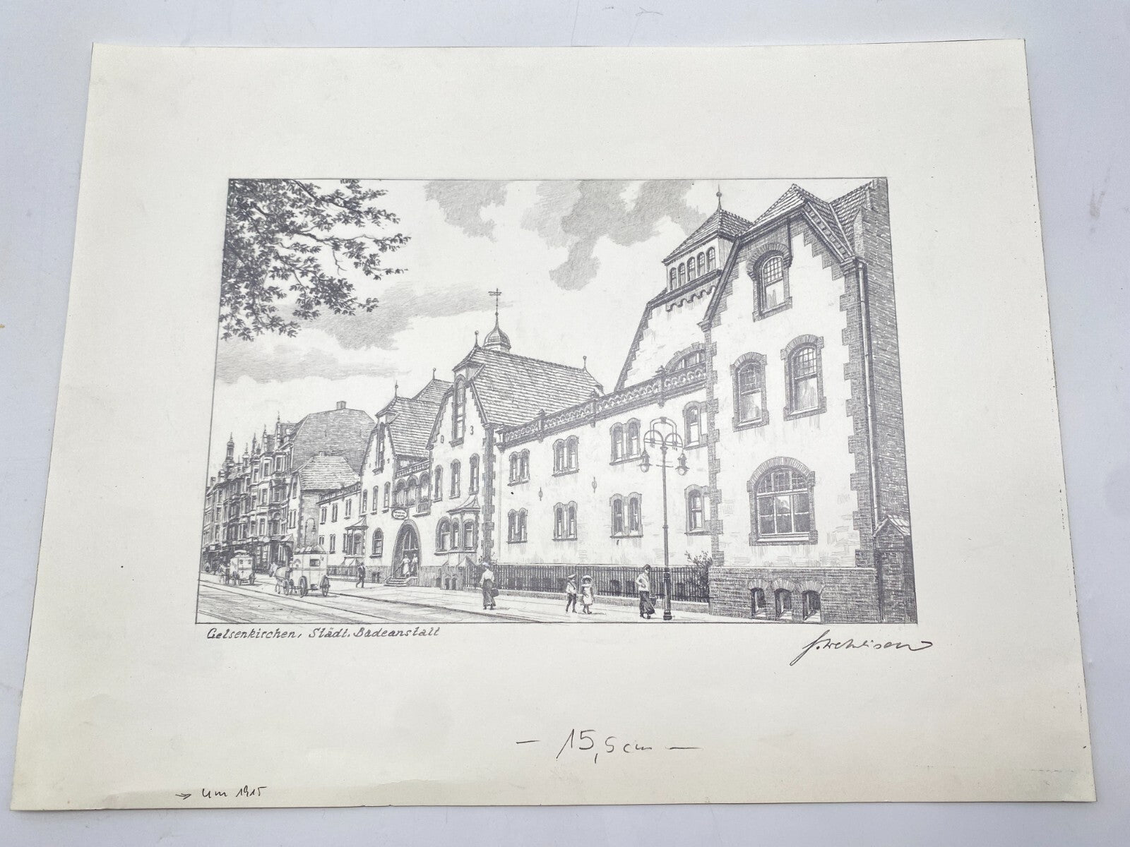 HEINZ WEHLISCH ZEICHNUNG GELSENKIRCHEN STÄDTISCHE BADEANSTALT 1915 HANDSIGNIERT
