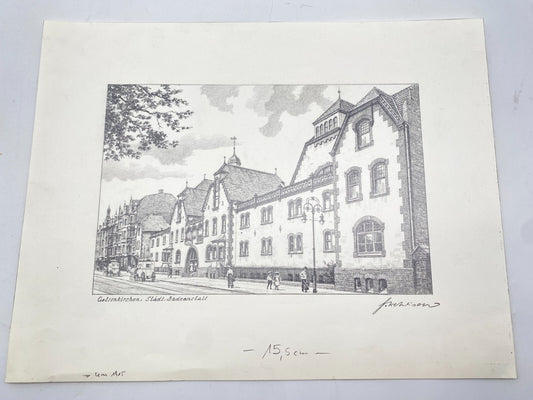 HEINZ WEHLISCH ZEICHNUNG GELSENKIRCHEN STÄDTISCHE BADEANSTALT 1915 HANDSIGNIERT