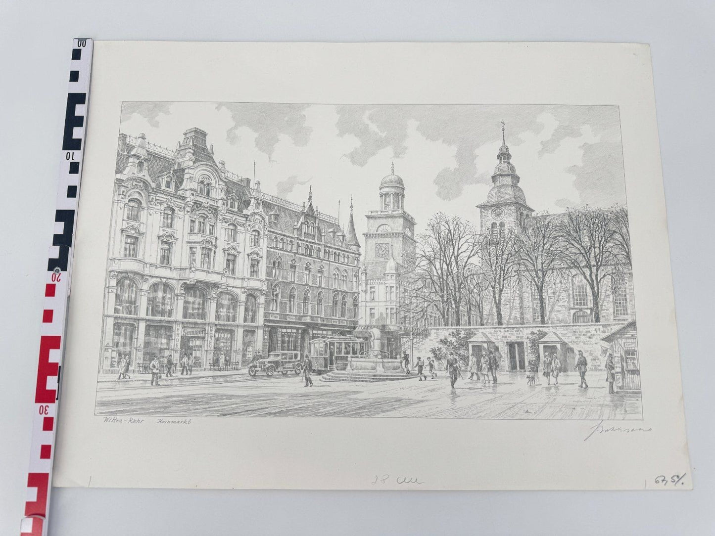 * HEINZ WEHLISCH ZEICHNUNG WITTEN RUHR KORNMARKT UM 1915 ANSICHT