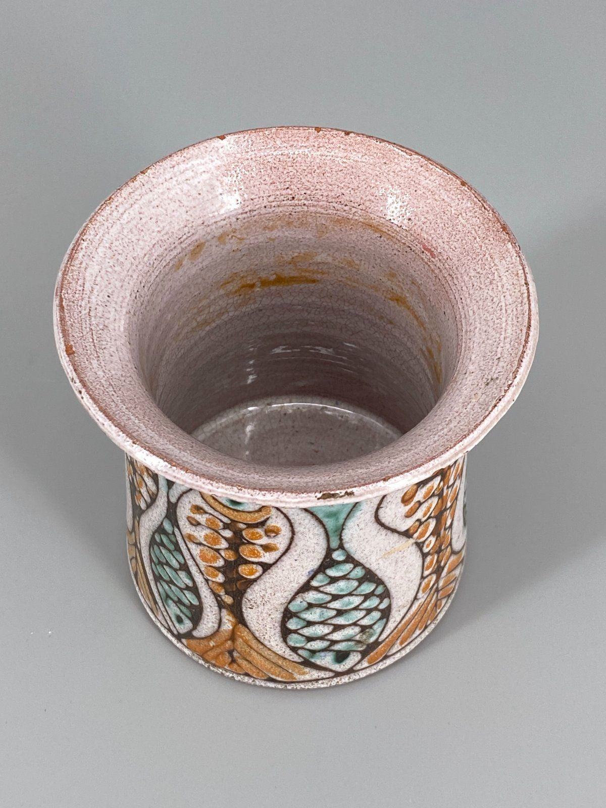 * KERAMIK VASE FISCHE GRÜN ORANGE GLASIERT HANDGETÖPFERT VINTAGE