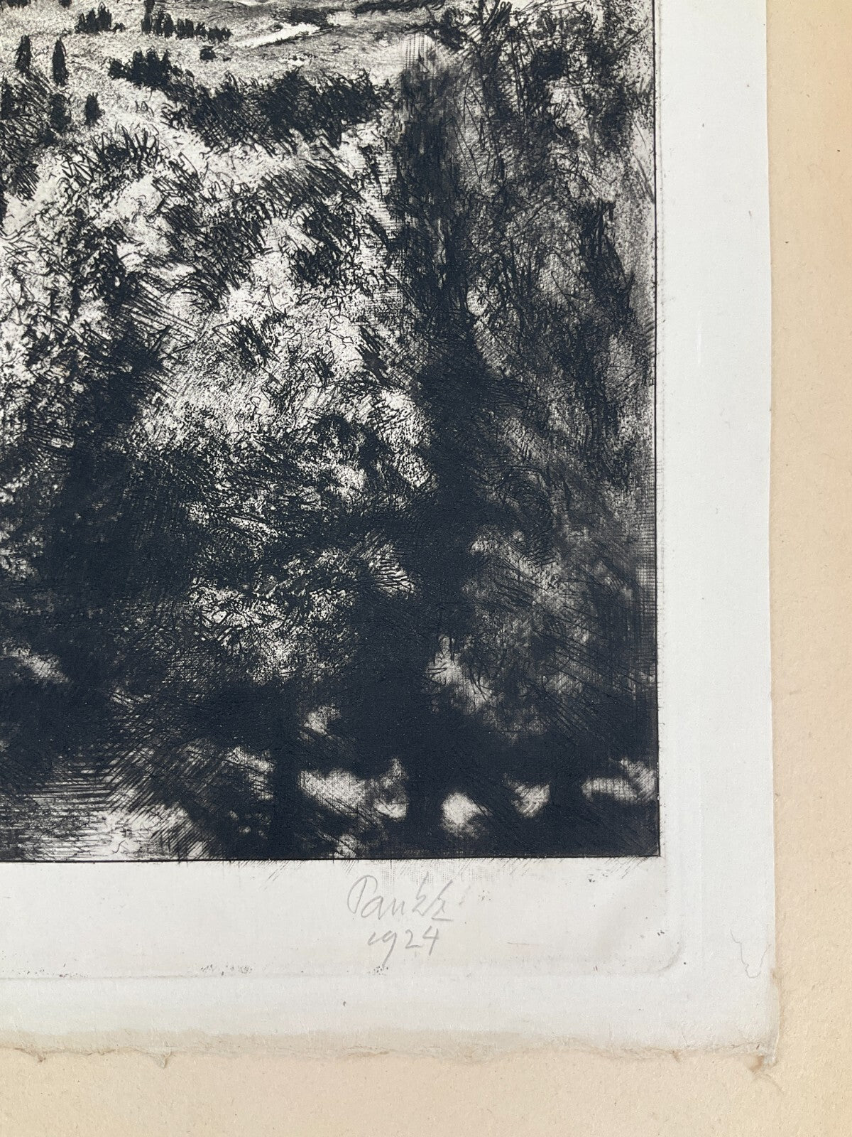 *RADIERUNG BERNHARD PANKOK HÜGELIGE LANDSCHAFT BLICK AUF BAIERBRUNN 1924 SIGNIER