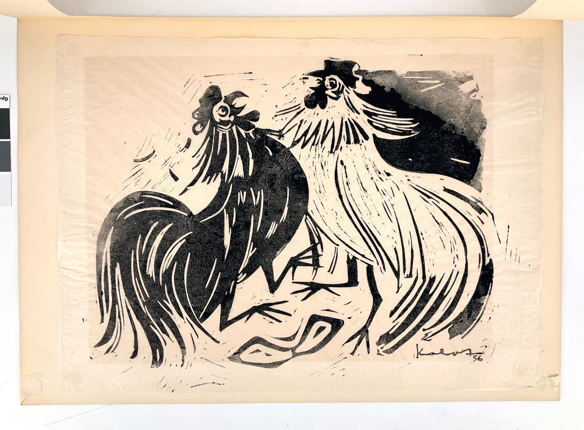 *LINOLSCHNITT WALTER KALOT KÄMPFENDE HÄHNE 1956 ORIGINAL EXPRESSIONISMUS TIERE