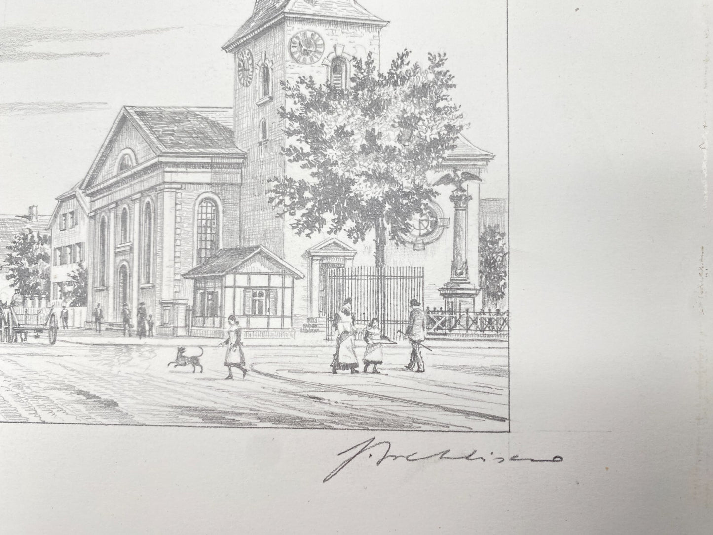 DEUTSCHER KÜNSTLER HEINZ WEHLISCH ZEICHNUNG OPPAU KIRCHENSTRAßE 1905 HANDSIGNIER