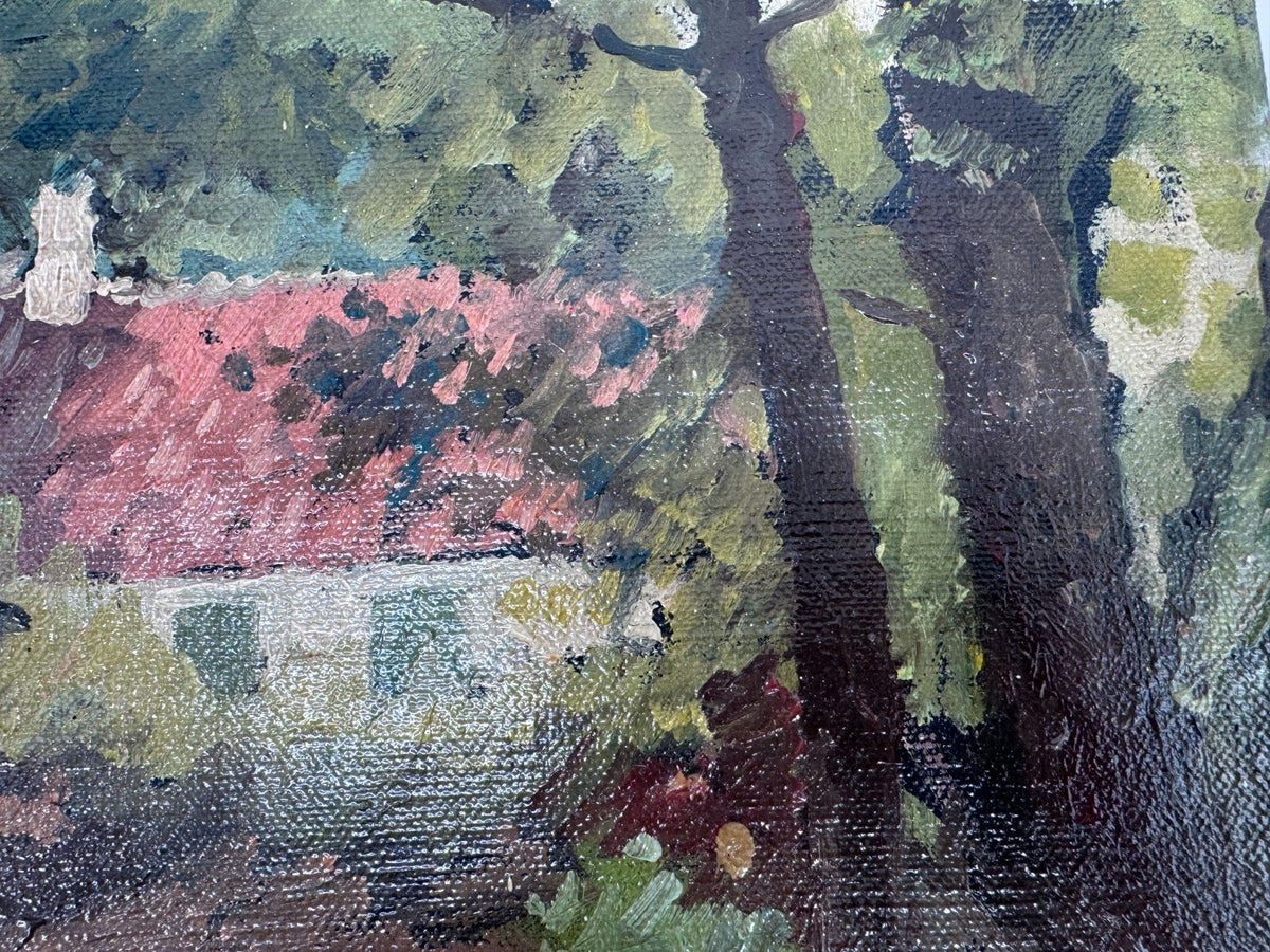 ÖL GEMÄLDE DORFLANDSCHAFT HAUS IM GRÜNEN ANTIK 36X 27 ANTIK