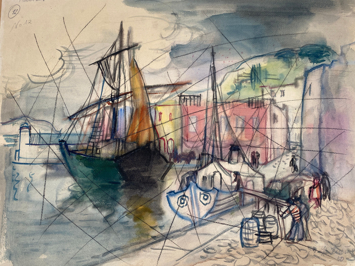* STUDIE ENTWURF AQUARELL HEINRICH HEUSER 1887-1967 HAFEN VON ISCHIAS CAPRI ITA