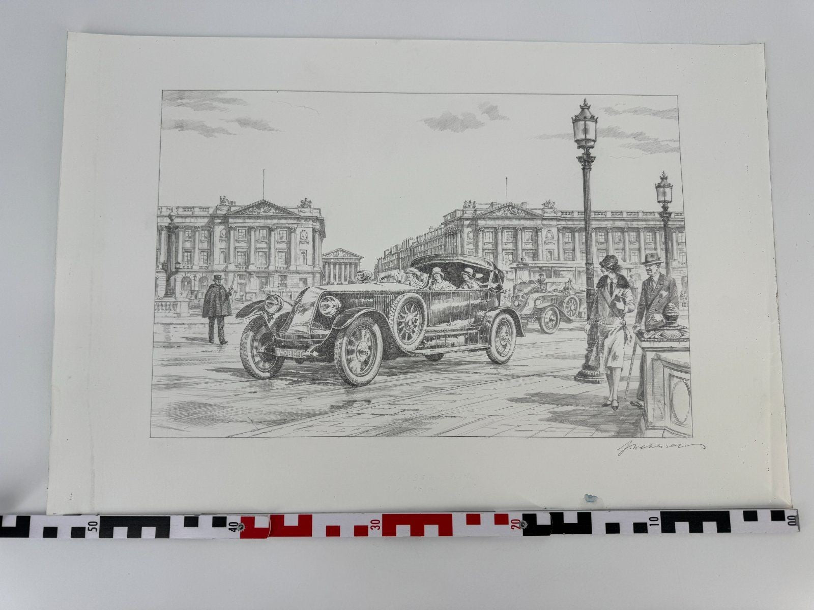 * HEINZ WEHLISCH ZEICHNUNG RENAULT 40CV PARIS ANSICHT SIGNIERT