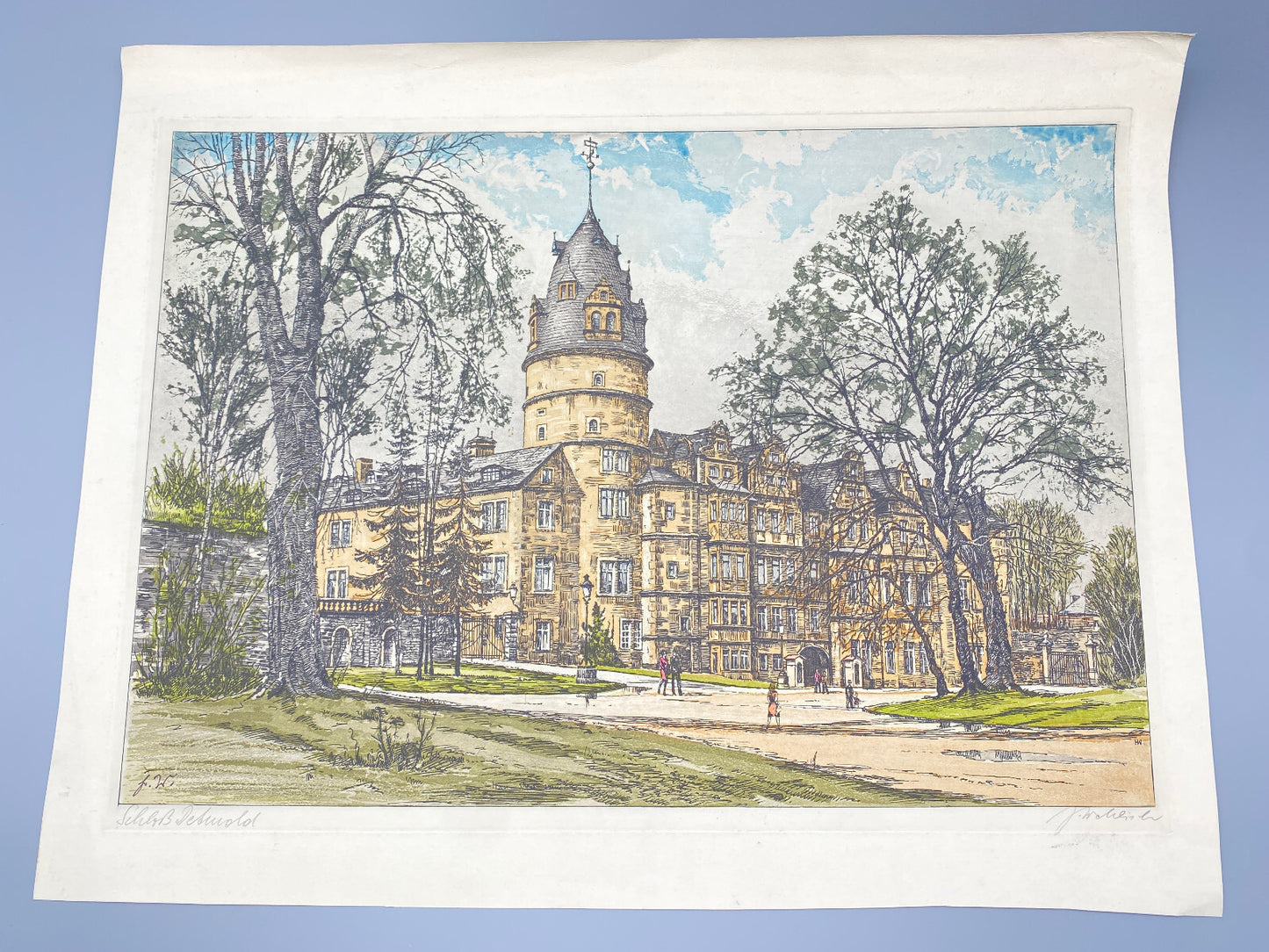 DEUTSCHER KÜNSTLER HEINZ WEHLISCH KOLORIERTE RADIERUNG SCHLOSS DETMOLD SIGNIERT