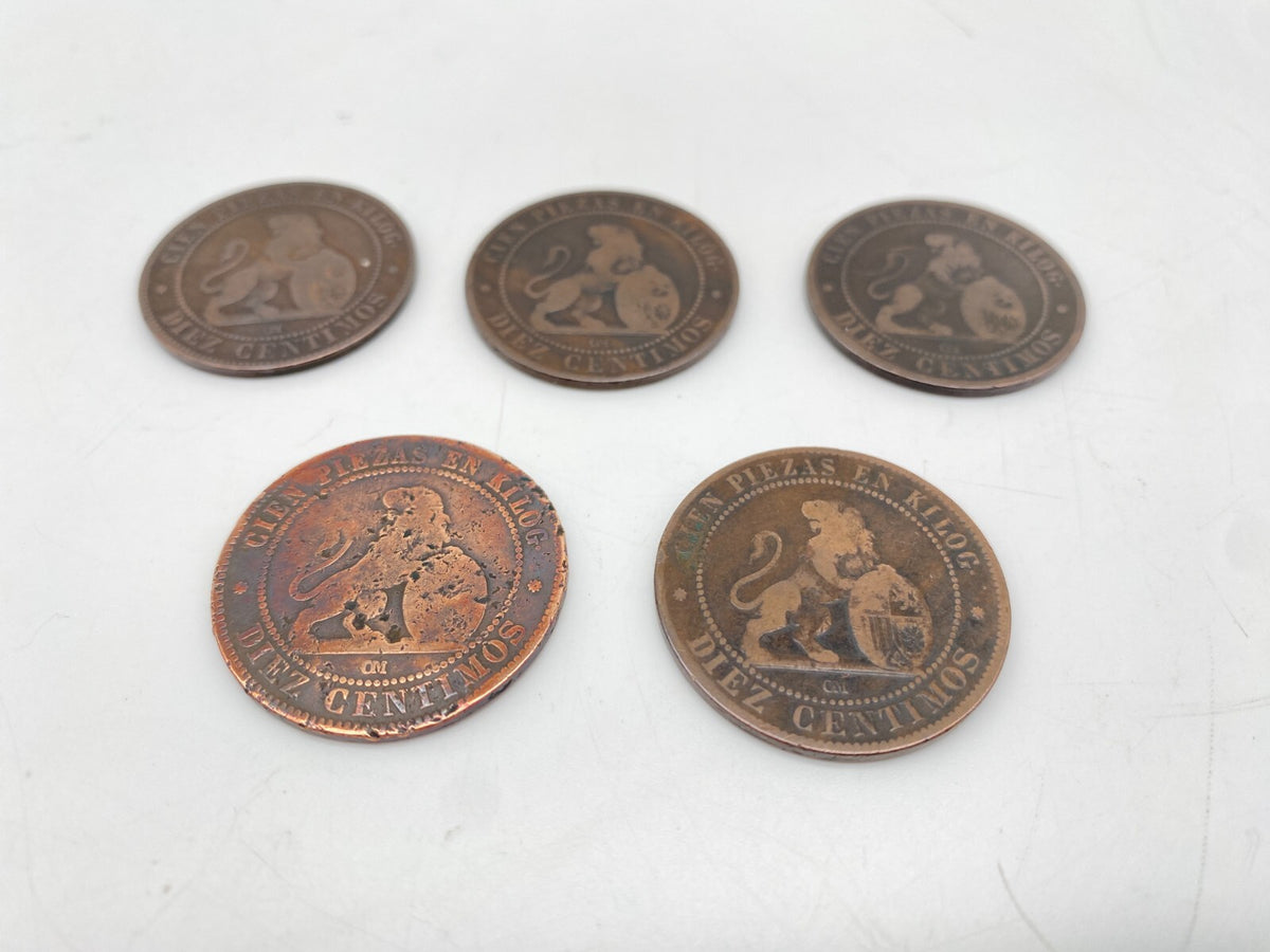 5X KUPFER MÜNZEN SPANIEN 10 CENTIMOS 1870  ÜBERGANGSREGIERUNG 1869  1874