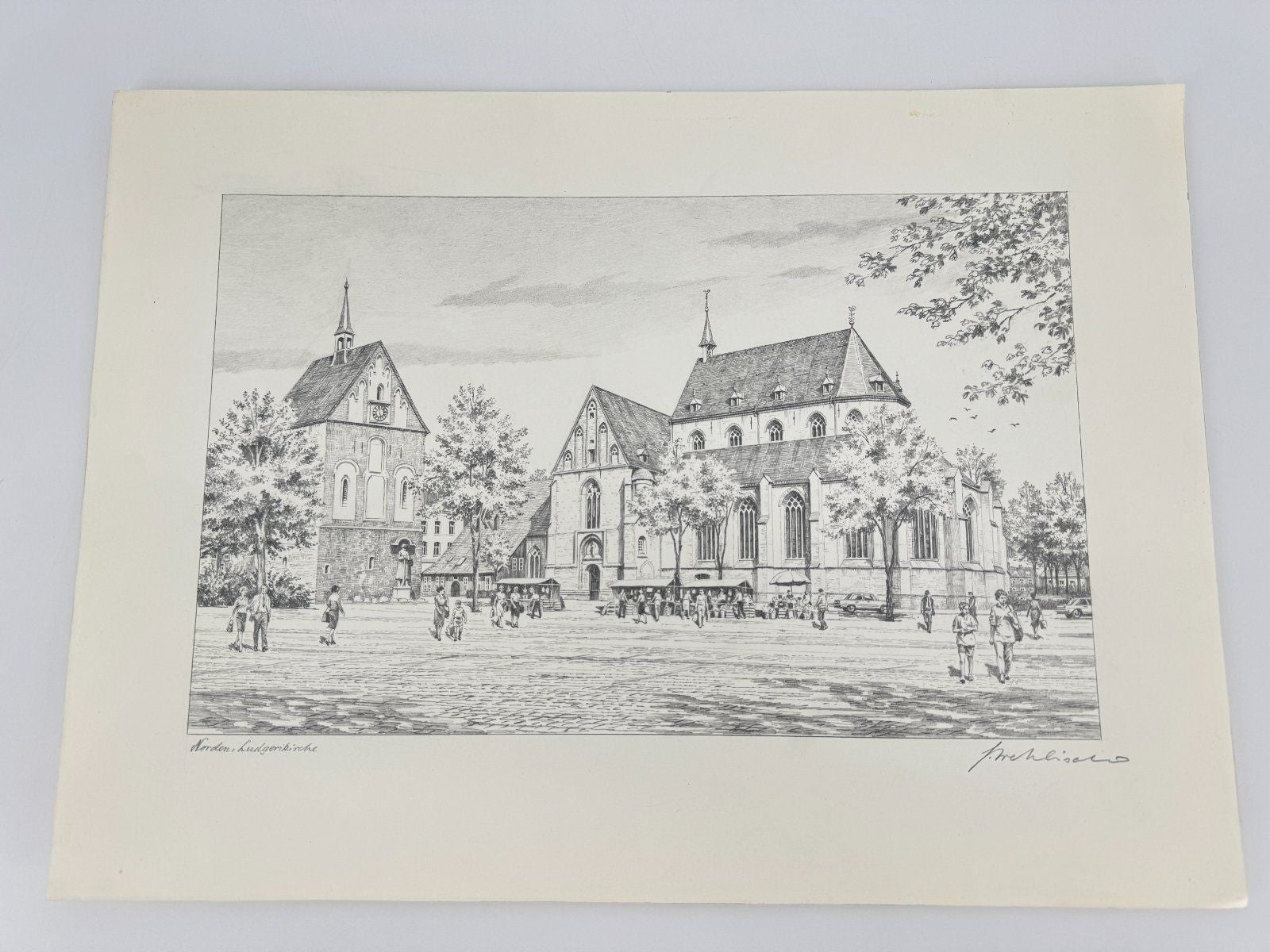 * HEINZ WEHLISCH ZEICHNUNG NORDEN LUDGERIKIRCHE ANSICHT SIGNIERT