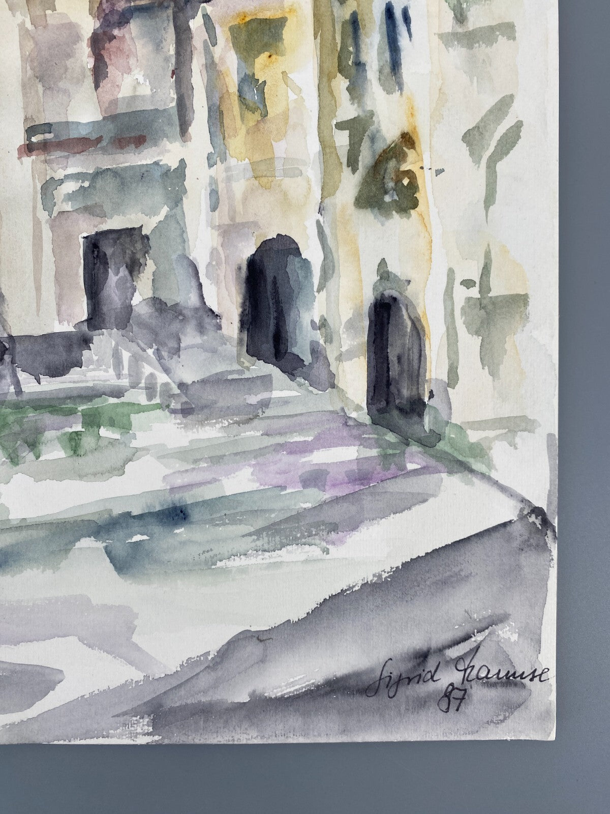 *AQUARELLGEMÄLDE STADTANSICHT ITALIEN HAUPTPLATZ KIRCHE SIGRID HANNSE 987 UNIKAT