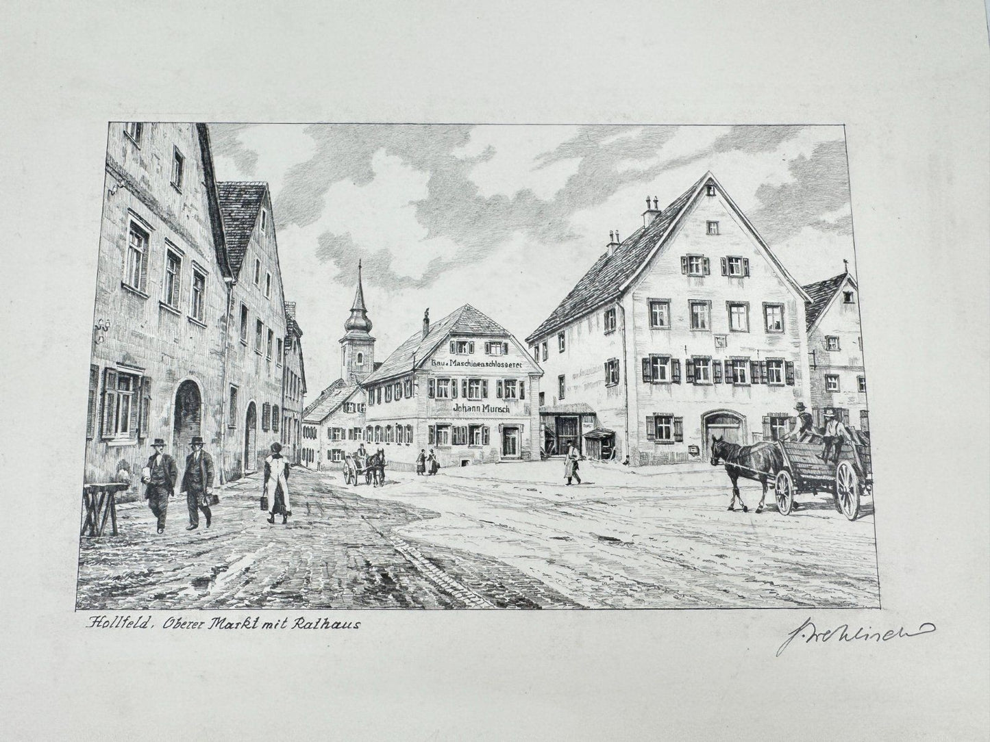 * HEINZ WEHLISCH ZEICHNUNG HOLLFELD OBERER MARKT MIT RATHAUS