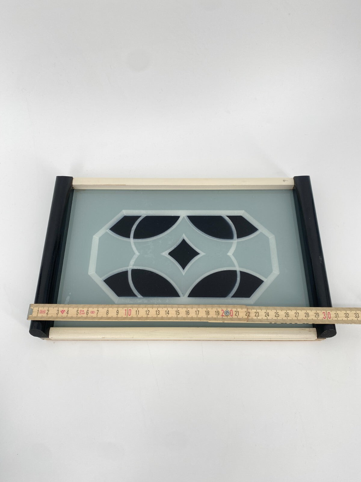 * ART DECO STIL TABLETT HOLZSIEB WASUNGEN 60ER HOLZ GLAS VINTAGE