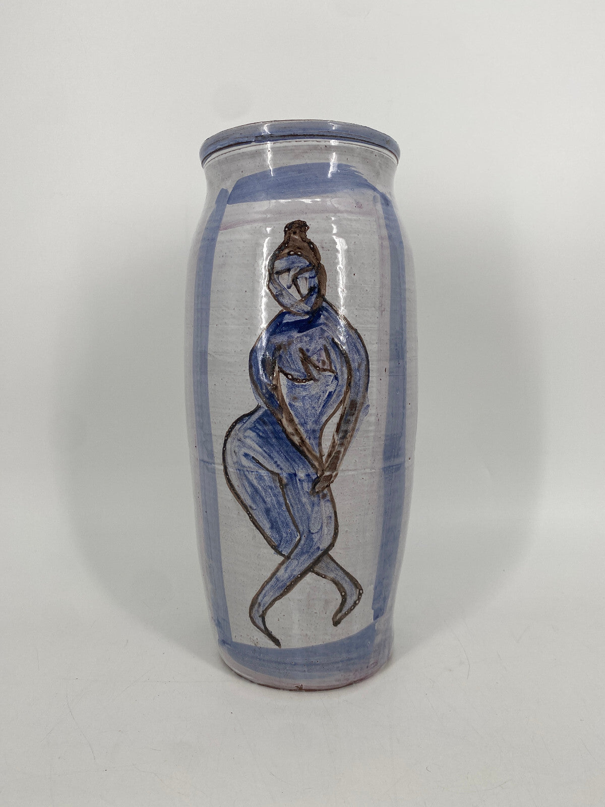 * GLASIERTE STUDIOKERAMIK BLUMENVASE MANN FRAU BLUME BEMALT SIGNIERT 60er 70er