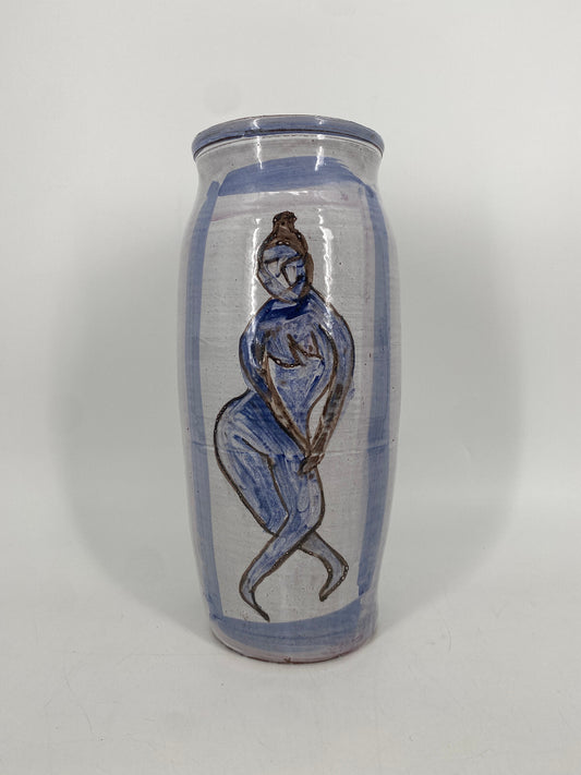 * GLASIERTE STUDIOKERAMIK BLUMENVASE MANN FRAU BLUME BEMALT SIGNIERT 60er 70er