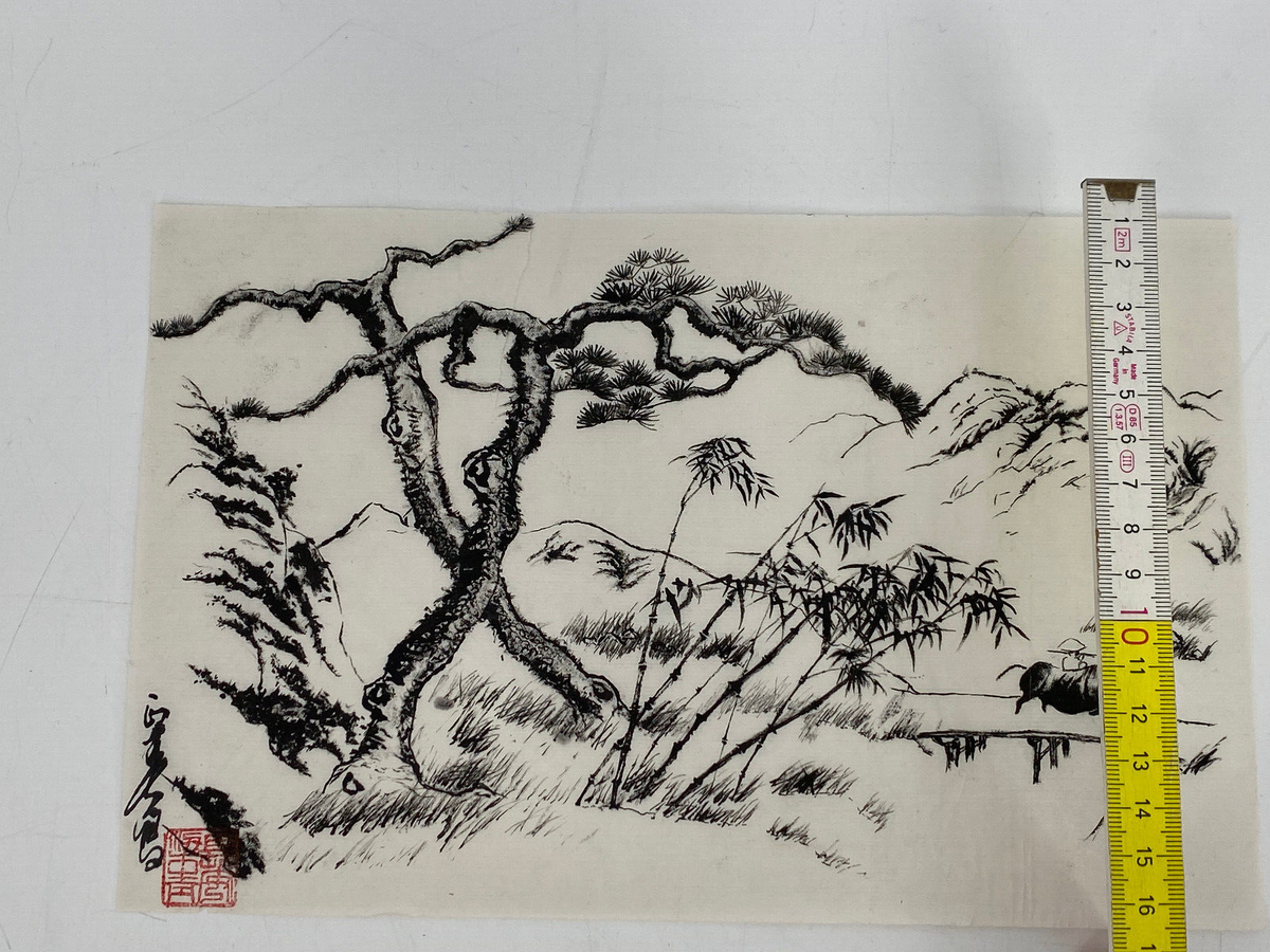 *CHINA TUSCHE ZEICHNUNG PINIEN BAMBUS WASSERBÜFFEL BERGE LANDSCHAFT MALEREI