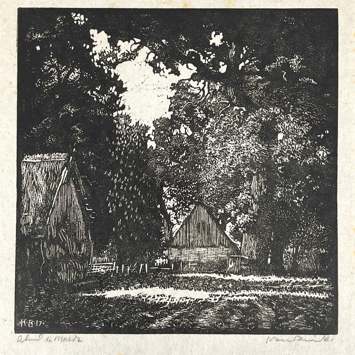 *HOLZSCHNITT BAUERNHOF UNLESERLICHE SIGNATUR 1917 JUGENDSTIL LANDSCHAFT ORIGINAL