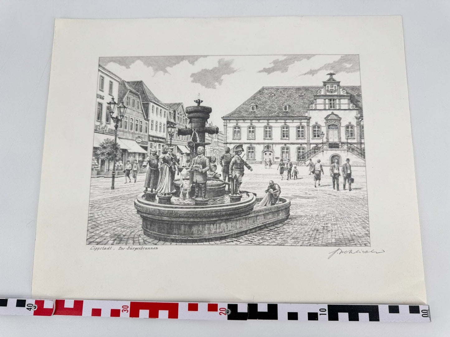 * HEINZ WEHLISCH ZEICHNUNG LIPPSTADT DER BÜRGERBRUNNEN ANSICHT SIGNIERT
