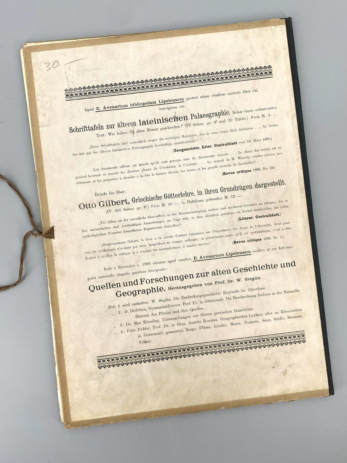 *BUCH WESSELY PAPYRORUM SCRIPTURAE GRAECAE SPECIMINA 1900 LEIPZIG