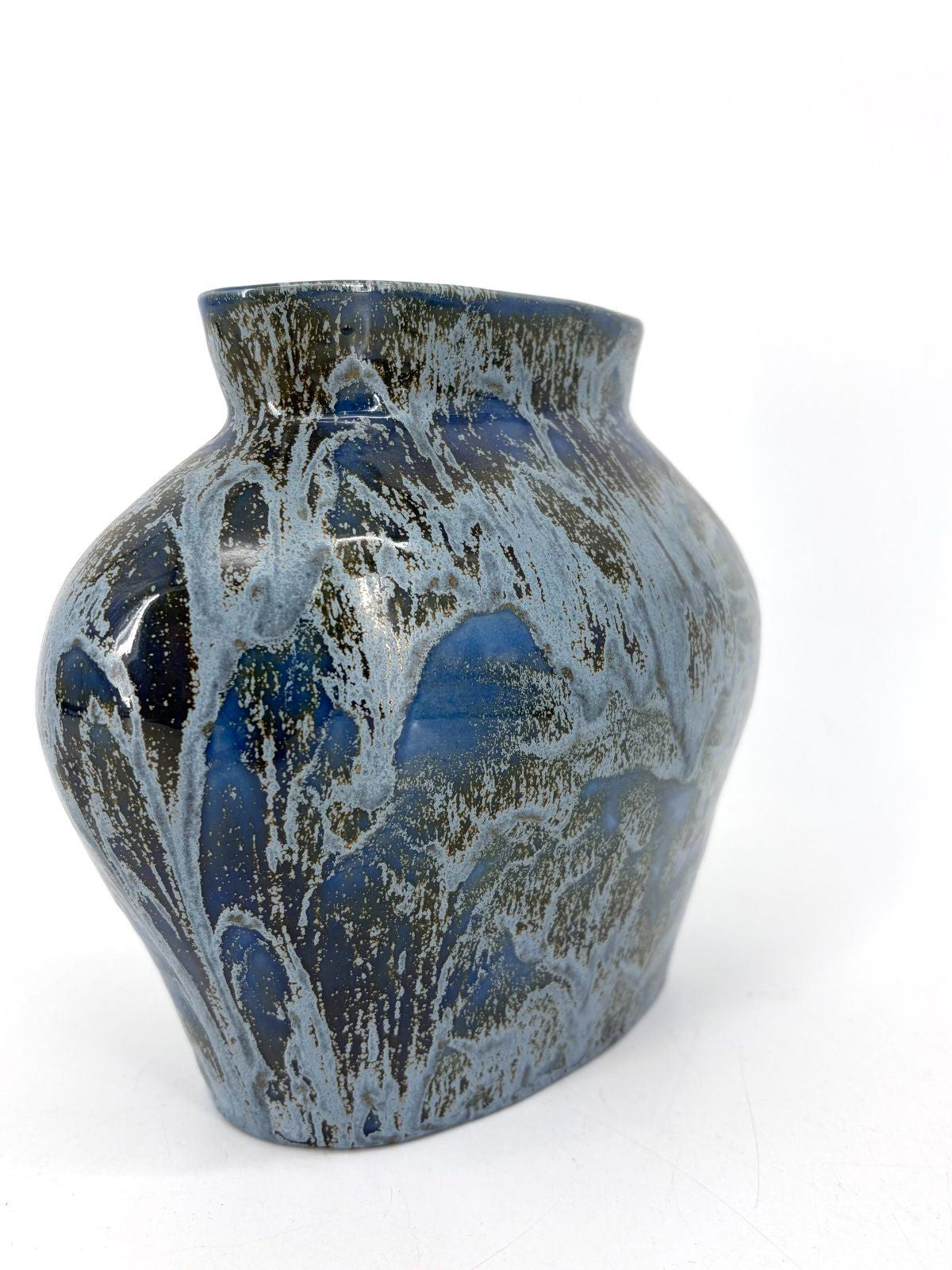 ENSEMBLE TRIO STUDIOKERAMIK VASE KUGEL BLAU IRISIEREND GLASUR 90s