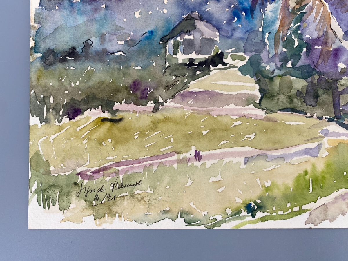 *AQUARELLGEMÄLDE ITALIEN LANDSCHAFT MEDITERRAN PALMEN VILLA SIGRID HANNSE UNIKAT