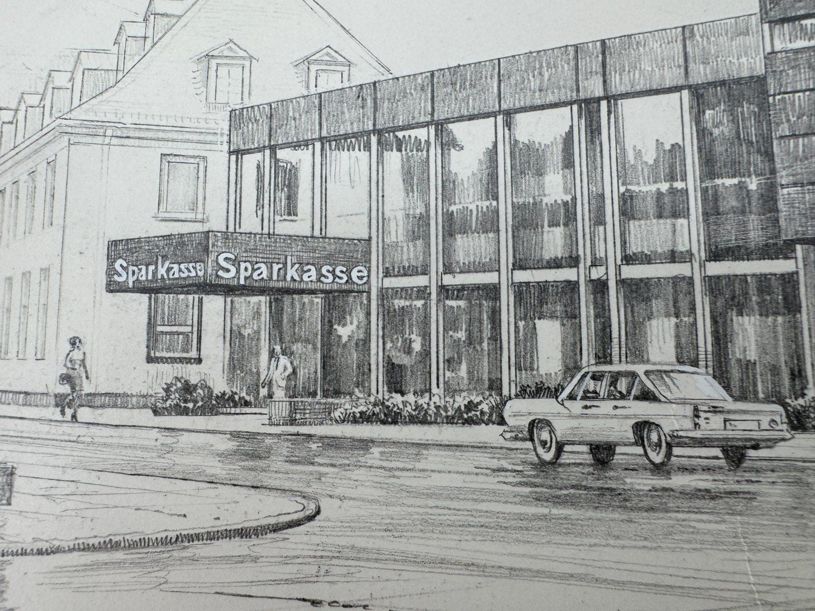 * HEINZ WEHLISCH ZEICHNUNG DILLENBURG SPARKASSE ANSICHT SIGNIERT