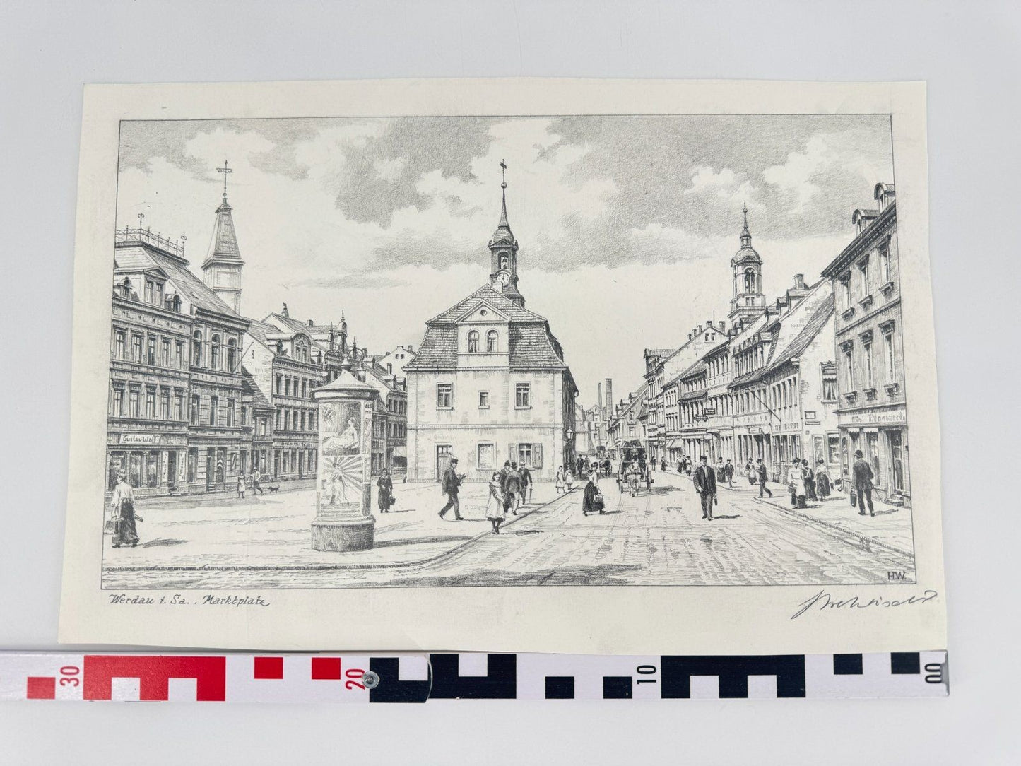 * HEINZ WEHLISCH ZEICHNUNG WERDAU SACHSEN MARKPLATZ ANSICHT SIGNI