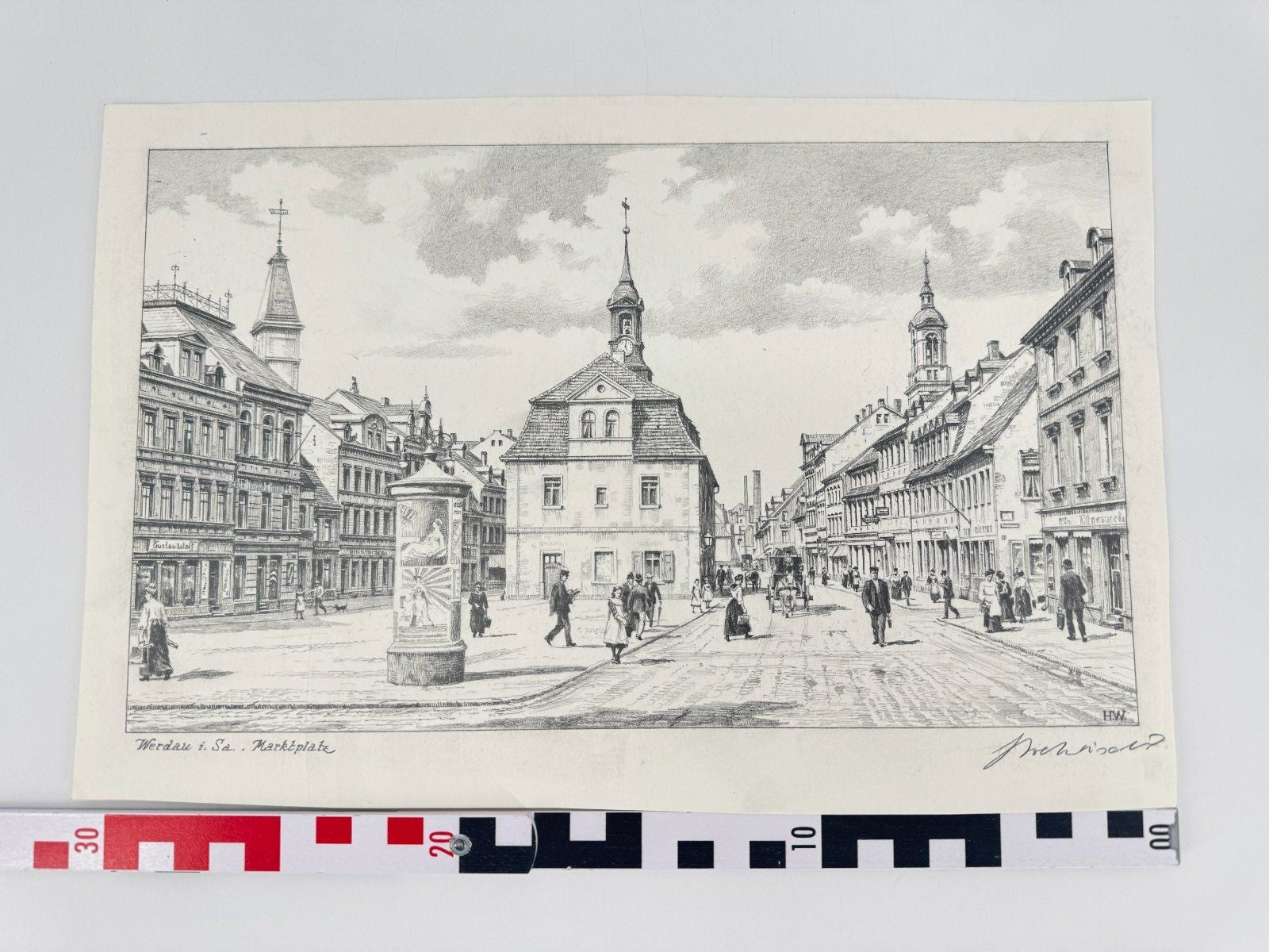 * HEINZ WEHLISCH ZEICHNUNG WERDAU SACHSEN MARKPLATZ ANSICHT SIGNI