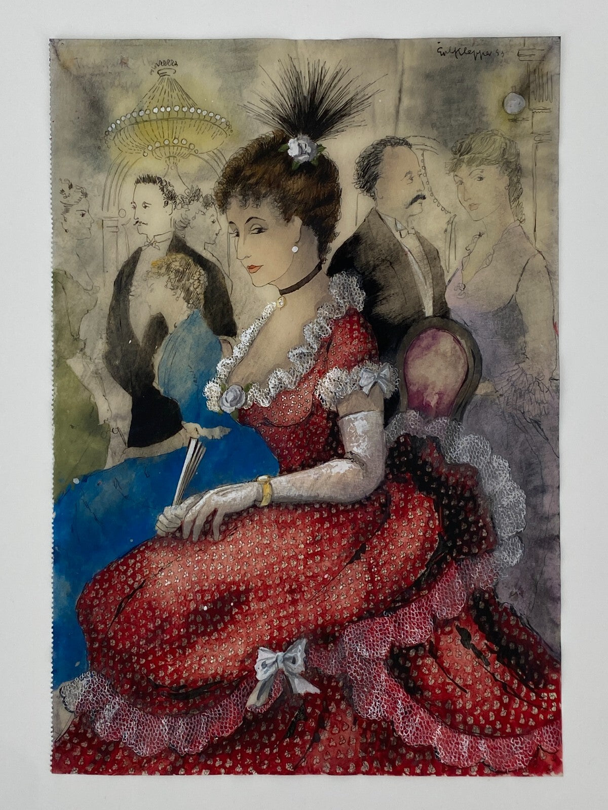 *GEMÄLDE ERHARD KLEPPER HANDSIGNIERT 1953 MONDÄNE DAME ROT ORIGINAL UNIKAT