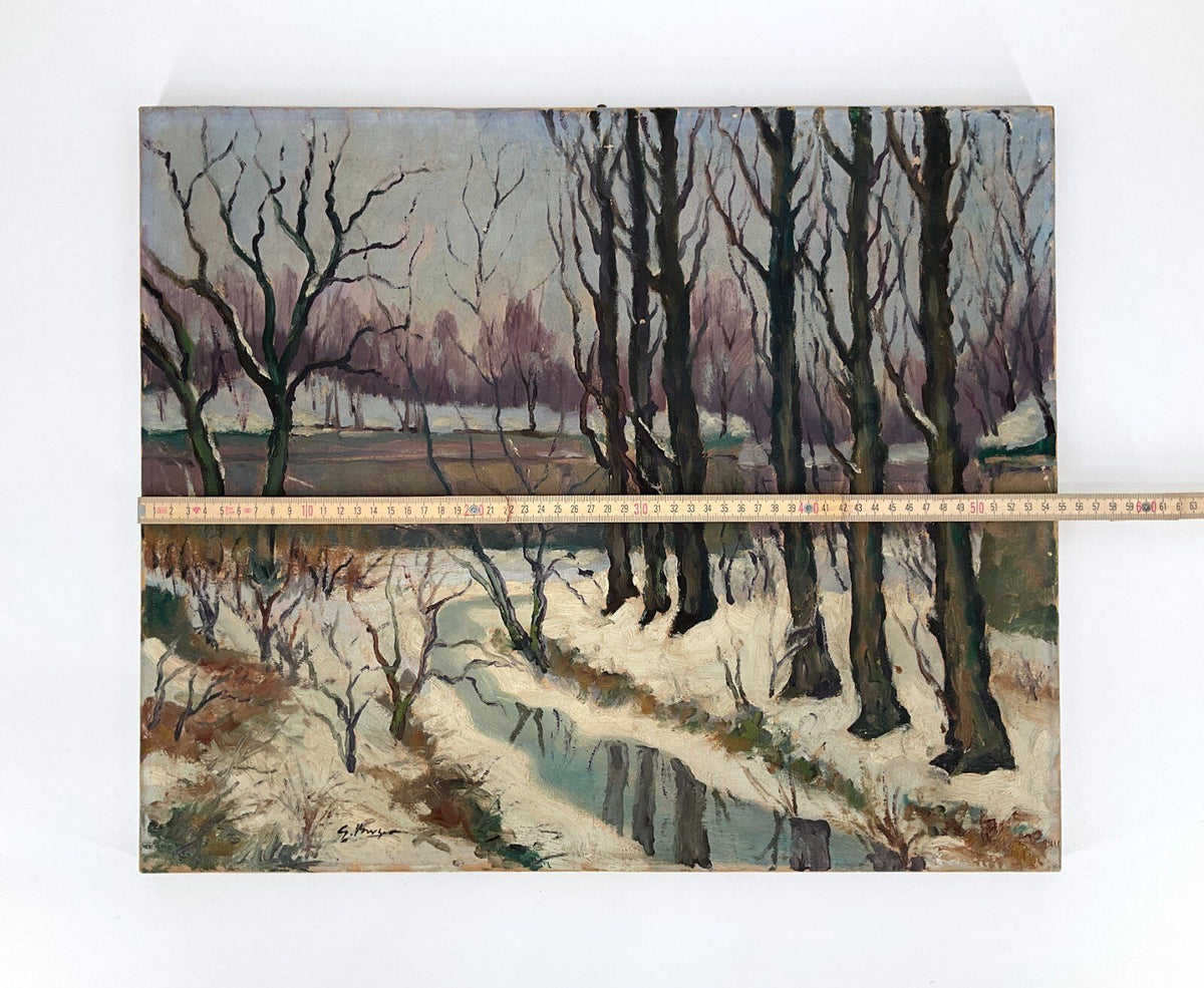 *ÖLGEMÄLDE G. BERGER WALDANSICHT BACH WINTER 20. JH LEINWAND